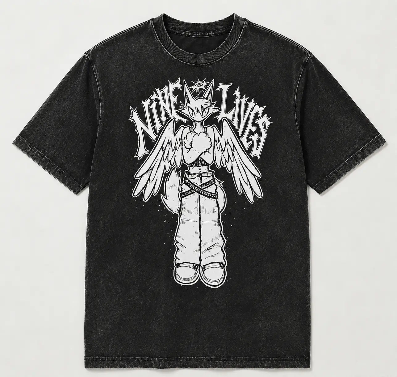 Women's 9 Lives Anthro Winged Fox Graphic T-Shirt - Y2K Alt Streetwear Tee, Solid Black/Black Acid-Washed Options, Edgy Furry Art Top, Gift for Alternative Art Fans