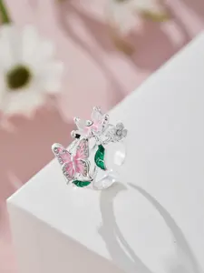Romantic Rhinestone Flower Butterfly Ring, Women's Festival Party Wedding Jewelry Accessory Gift, Elegant Floral Design, Rhinestone Decor Ring, Artificial Gemstone Ring