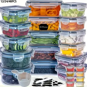 12/24/48pcs Food Storage Containers Set Kitchen Organizers Meal Prep Container Airtight, BPA-Free Reusable Snack Lunch Containers, Easy-Snap Lids, Plastic Snapware(6/12/24 Containers+6/12/24 Lids) Pantry Kitchen Organization with Labels And Marker
