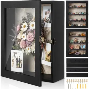 Shadow Box Display Case 13 x 16 - Deep 5 Inch Large Wooden Picture Frame with Linen , Removable Shelves, Wooden Memory Case for Wedding Bouquets, Photos, Medals & Keepsakes, Black