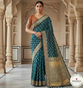 Deep Teal Blue Silk Saree with Rust-Orange Embroidered Blouse | Gold Zari Butti - Sizes 36-44