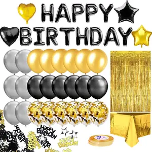 Black Gold Birthday Party Decor Set, Happy Birthday Banner, Gold Fringe Curtain, Foil Tablecloth, Star Heart Foil Balloons, Confetti Balloons, 10g Table Confetti