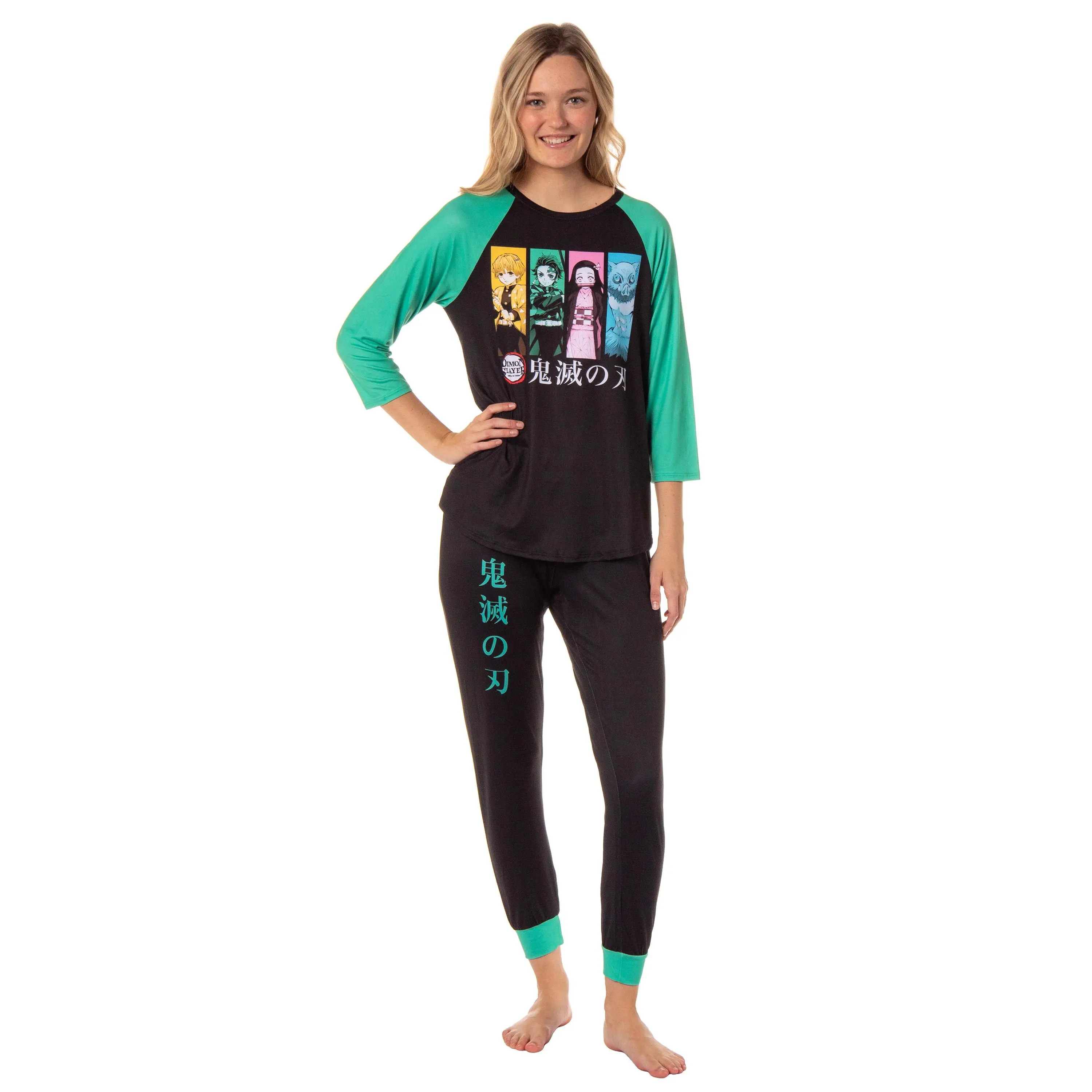 Demon Slayer Women's Character Panels Kanji Raglan Lounge Pajama Sleep Set