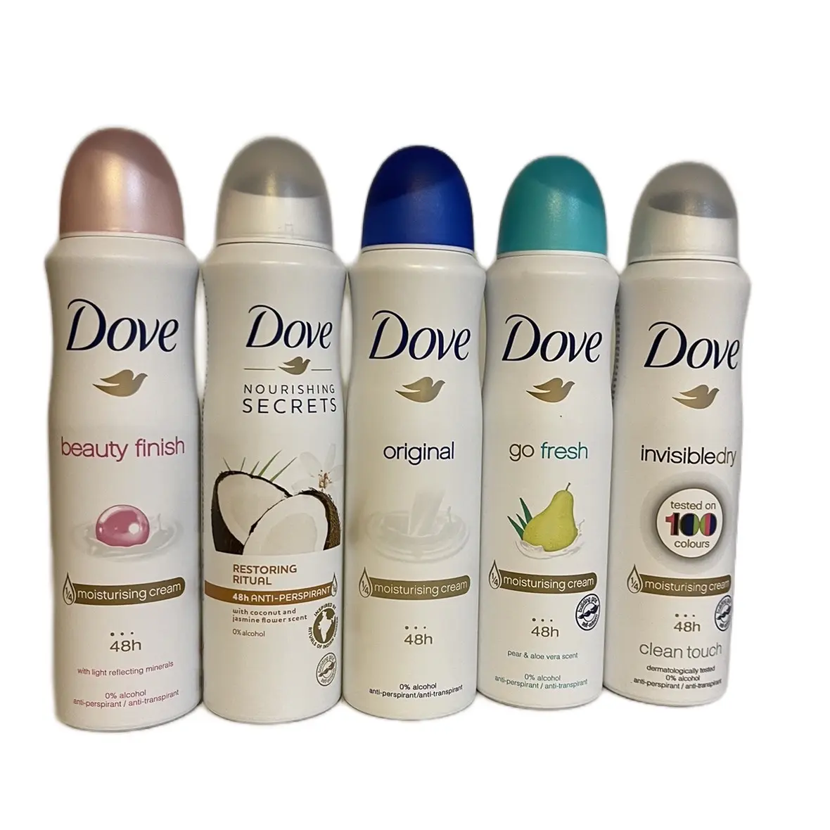Pack of 5 Dove Spray 150ml Restoring Ritual, Orginal, Beauty finish, go fresh, and InvisibleDry