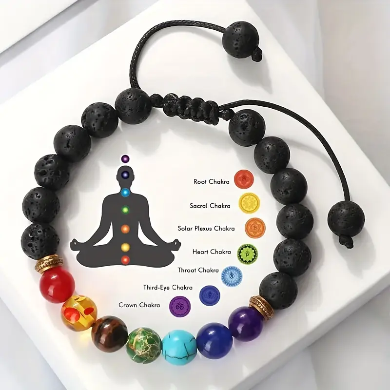 7 Chakras Bracelet with Natural Stone and Lava Rock Beads, Elastic Stretch Band for Men and Women, Aromatherapy Diffuser for Essential Oils, Yoga & Meditation