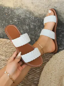 Women's Soft Sole Anti-Slip Open Toe Flat Slippers, Casual Textile Woven Strap Sandals, Comfortable Rubber Sole, Daily Wear