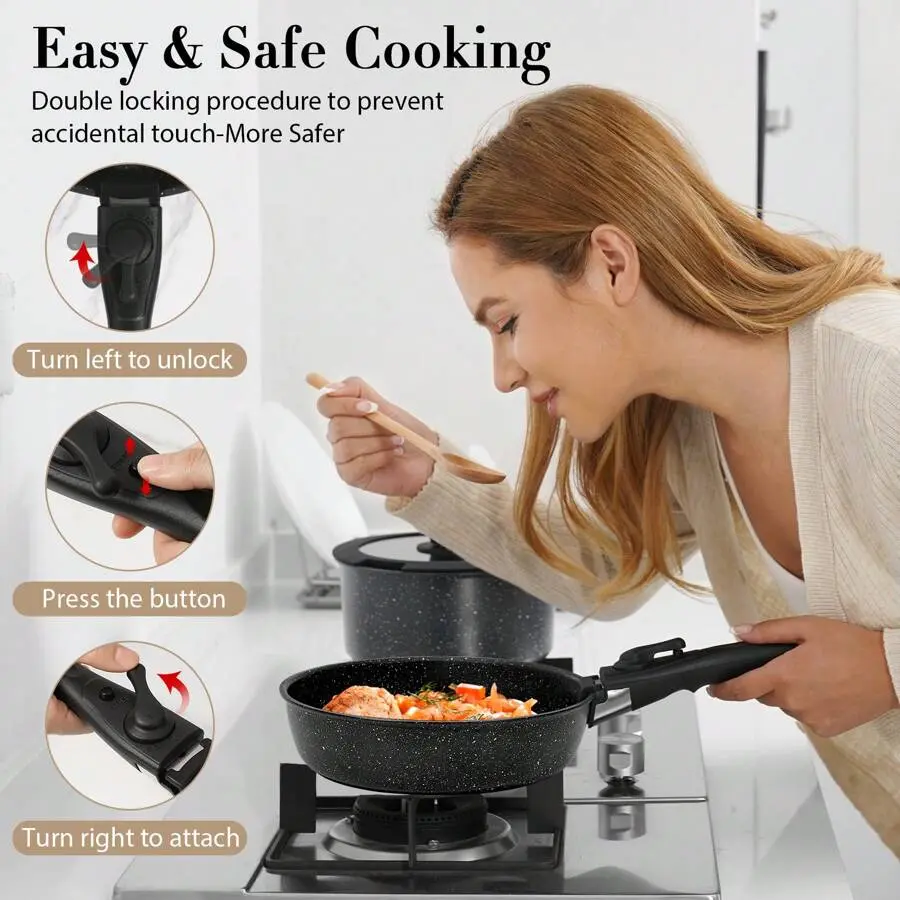 Detachable Handle Non-Stick 5Pcs Cookware Set - Frying Pan, Soup Pot, Saute Pan, Casserole, Compatible With Induction And Gas Stove