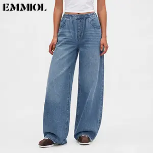 EMMIOL Women Baggy Jeans Mid-Low Waist Boyfriend Streetwear Vintage Jeans Wide Leg Denim Pants
