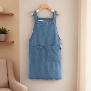 Retro Denim Apron with Wide Straps & Large Pockets – Durable Kitchen Workwear for Baking, Coffee Shops, and Crafts，cooking apron