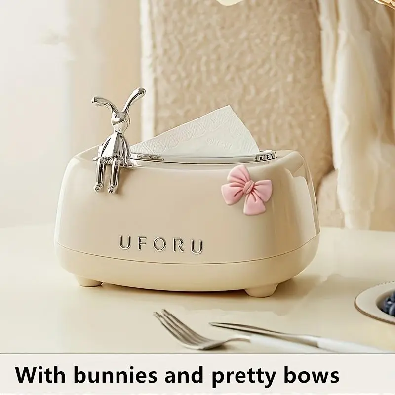 Rabbit Theme Automatic Plastic Tissue Dispenser - 1pc Round Napkin Holder, Bathroom Counter Organizer, Bathroom Accessories Set for Living Room, Cute Rabbit Design