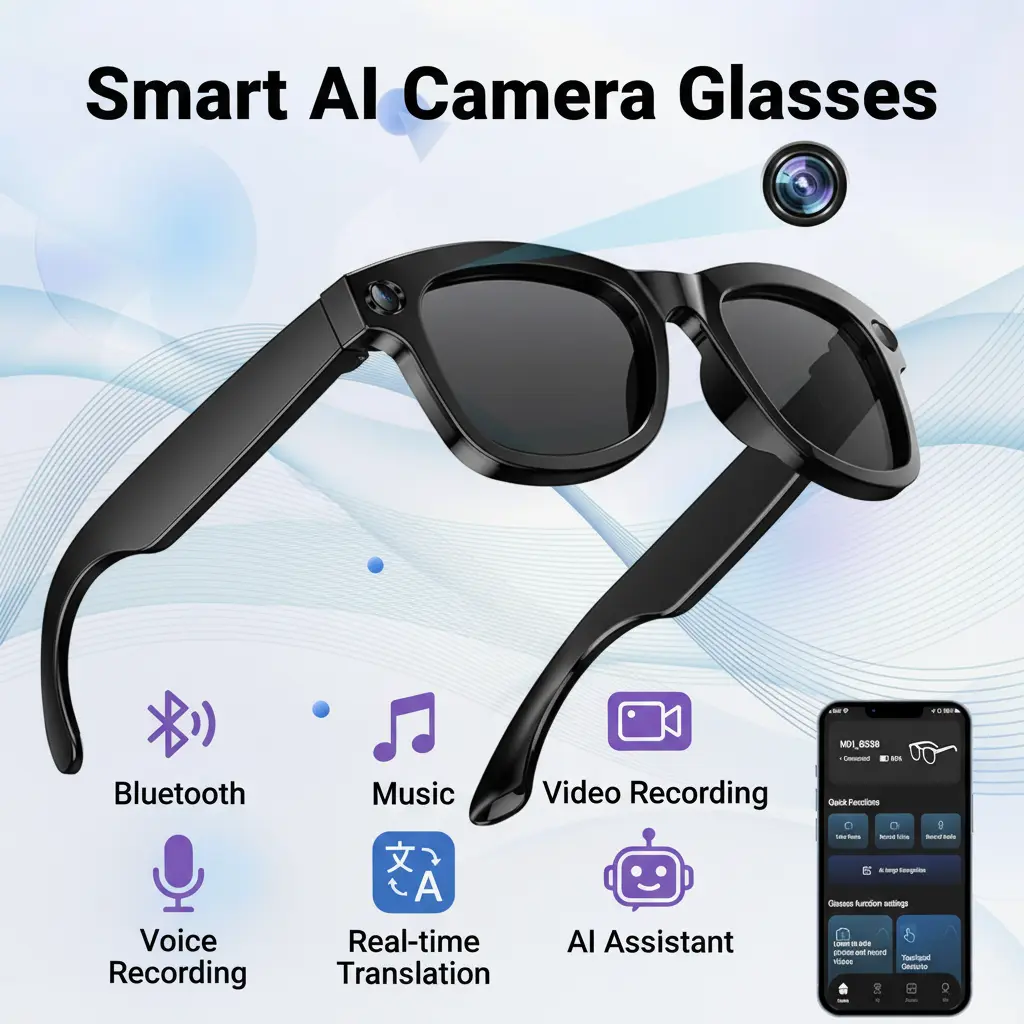AI Smart Glasses with 1080P HD Camera, AI Real-Time Translation, Bluetooth Audio – Smart Glasses with Camera, Hands-Free Video Recorder for Travel, Sports, Outdoor Use Bluetooth Sports Glasses