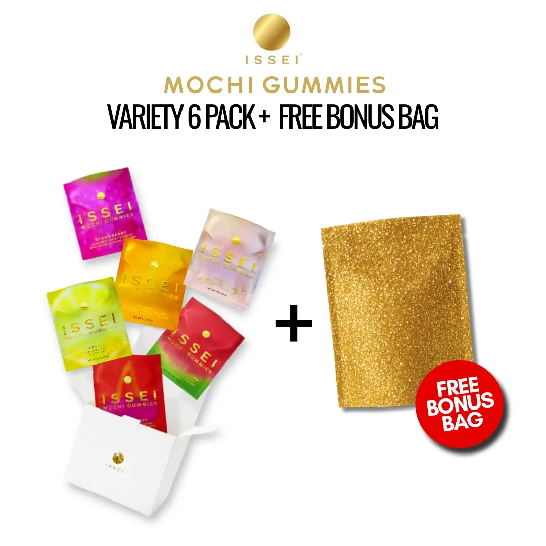 ISSEI Mochi Gummies Chewy Candy Variety 6 Pack + FREE BONUS BAG | Soft & Chewy | Award Winning | Gelatin-Free, Non-GMO, Gluten-Free, Plant-Based, Dye-Free | Delicious Snack | 2 Oz (6 Pack, Rainbow Variety) Sweet Bonbon