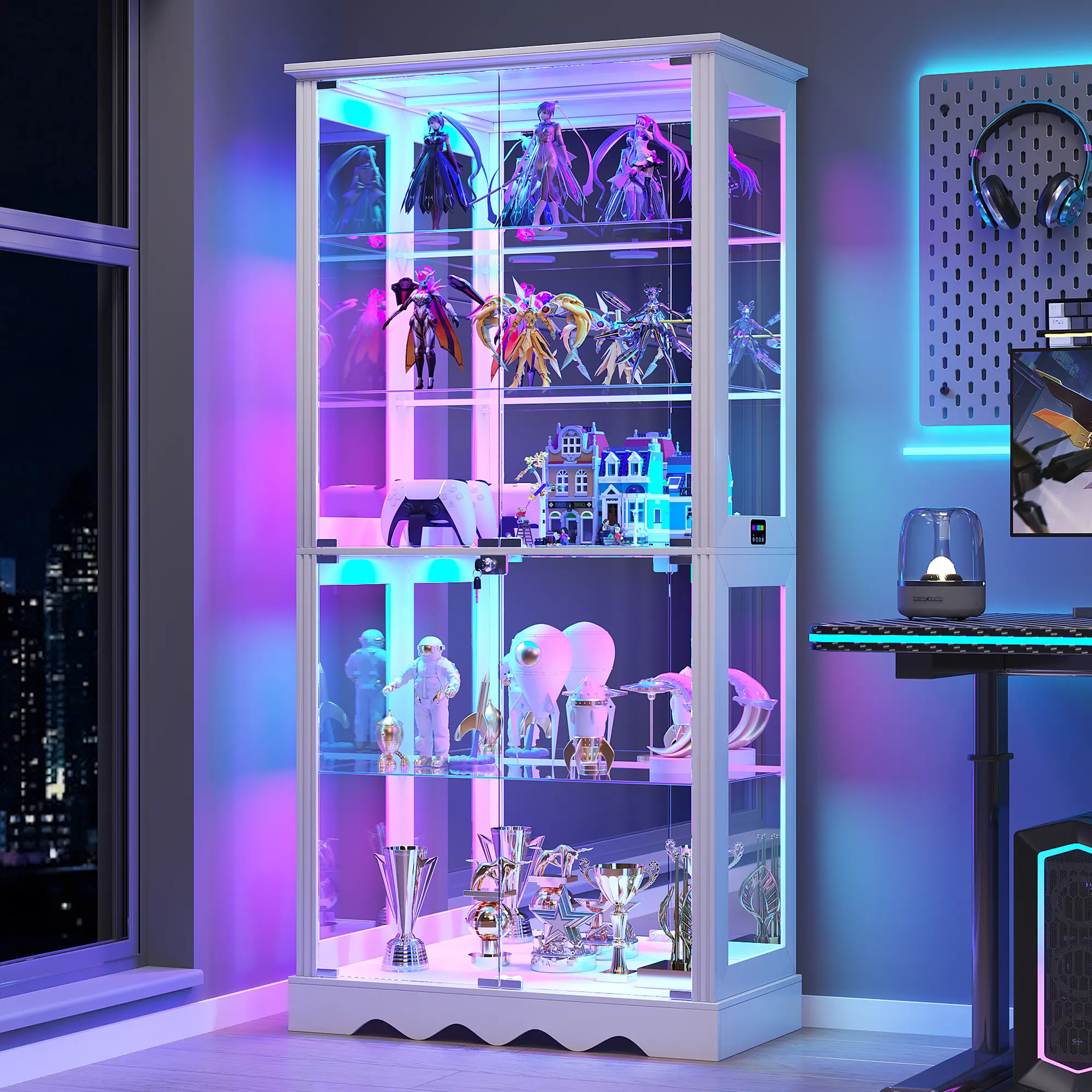 FREDEES Tempered Glass Display Cabinet with RGB Light, 5-Tier Lockable Freestanding Collectible Curio Cabinet with Removable Shelves & Human Sensor, Interior Storage Furniture, Tempered Glass Cabinet