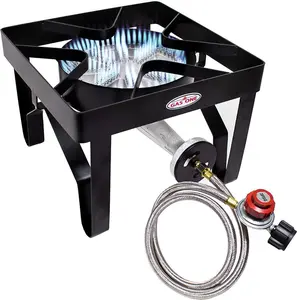 GasOne 200K BTU Heavy-Duty Propane Burner with Adjustable 0-20 PSI Regulator & Steel Braided Hose for Outdoor Cooking