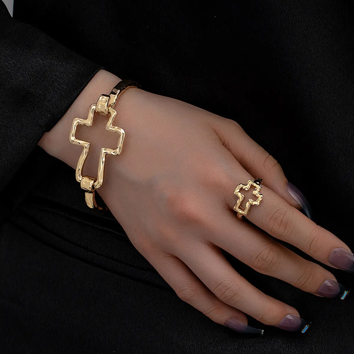 Cross Bangle & Ring Set| Adjustable Open Design, Versatile for Daily & Party, Perfect Birthday Gift for Her