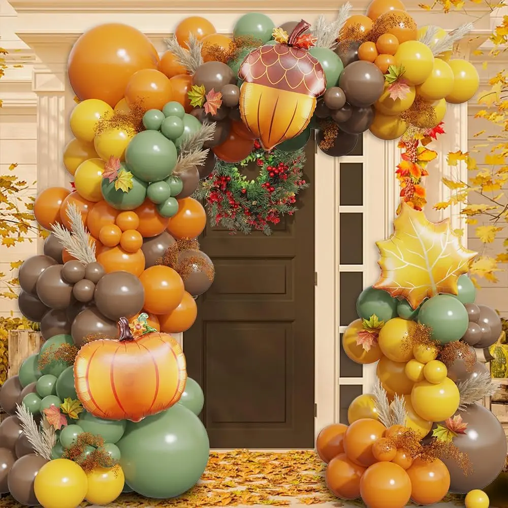Fall Thanksgiving Balloon Arch Kit, 140Pcs Burnt Orange Sage Green Brown Balloons with Maple Leaf Foil Balloons for Thankgiving Little Pumpkin Baby Shower Birthday Party Decorations