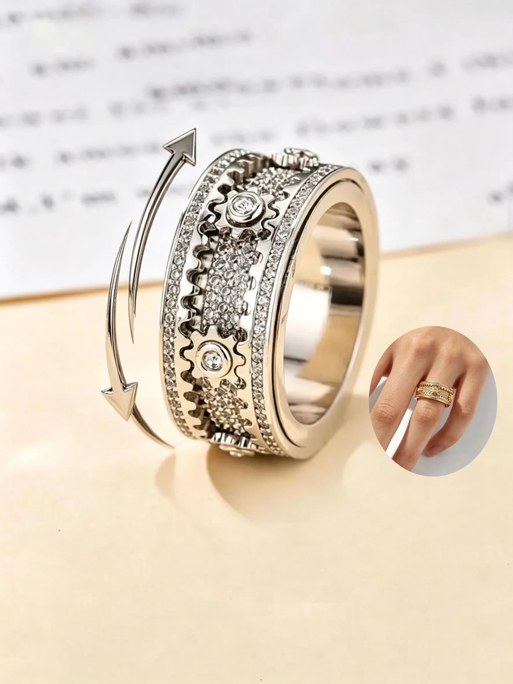 Shiny Gear Spinner Ring, Hypoallergenic Stainless Steel Rings, Size 6-12, Paved CZ Diamond Anxiety Ring, Stackable Finger Rings Unisex Band, Perfect Gift for Valentine’s, Everyday Wear Jewelry, Stress Relief Toy & Gift, Anti-Anxiety Spinner