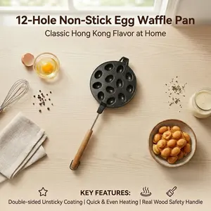 12-Cavity Non-Stick Hong Kong Style Egg Waffle Pan. With double non-stick coating and wooden handle, it heats fast and evenly, ideal for making breakfast, snacks and homemade desserts.