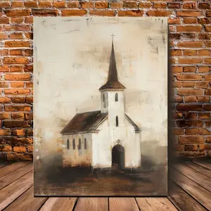 Vintage White Church Spire Canvas Art, 11.8"x15.7", Wooden Frame Oil Painting with Brown Details - Suitable for Anniversary, Christmas, Easter, Valentine's Day, and Beach Party Decorations, Room Decor, Church Wall Art