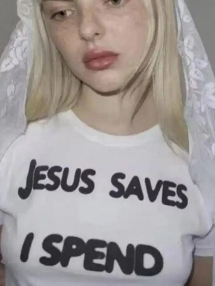 Jesus Saves I Spend Cropped Tee – Y2K Screen Printed Baby T-Shirt