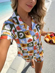 Women's Short Sleeve Pyjama Set, Halloween Pumpkin Skull Full Print, Casual Slim Fit Home Wear, Comfortable Breathable Sleepwear, Loungewear