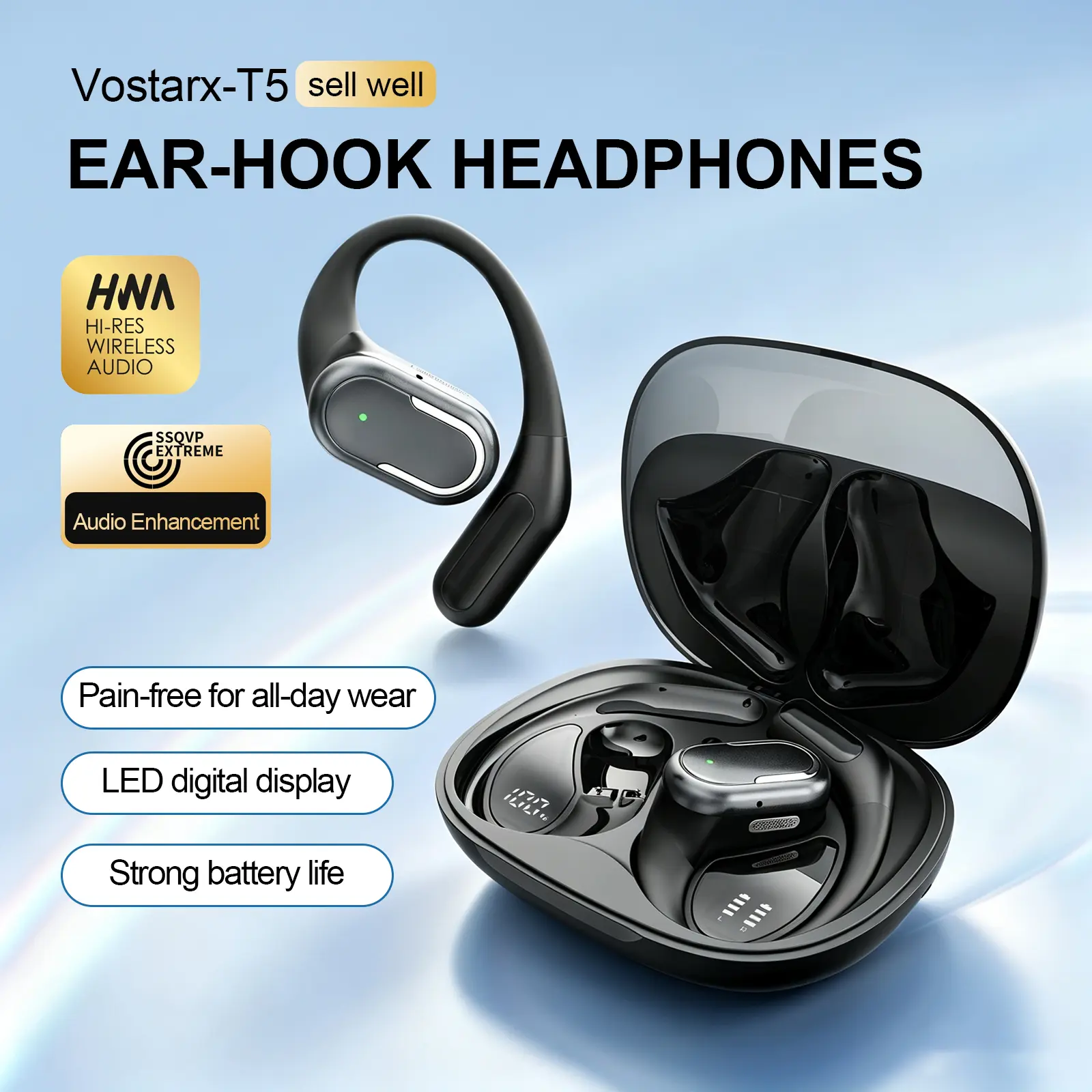 Vostarx-T5 Ear-Hook Headphones with HNA Hi-Res Wireless Audio, LED Digital Display, Strong Battery Life, Pain-Free All-Day Wear