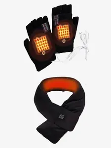 USB Rechargeable Heated Gloves & Heated Neck Warmer Set, USB Heating, Casual Letter Pattern Knitted Gloves & Neck Warmer, Fashion Accessories for Fall & Winter