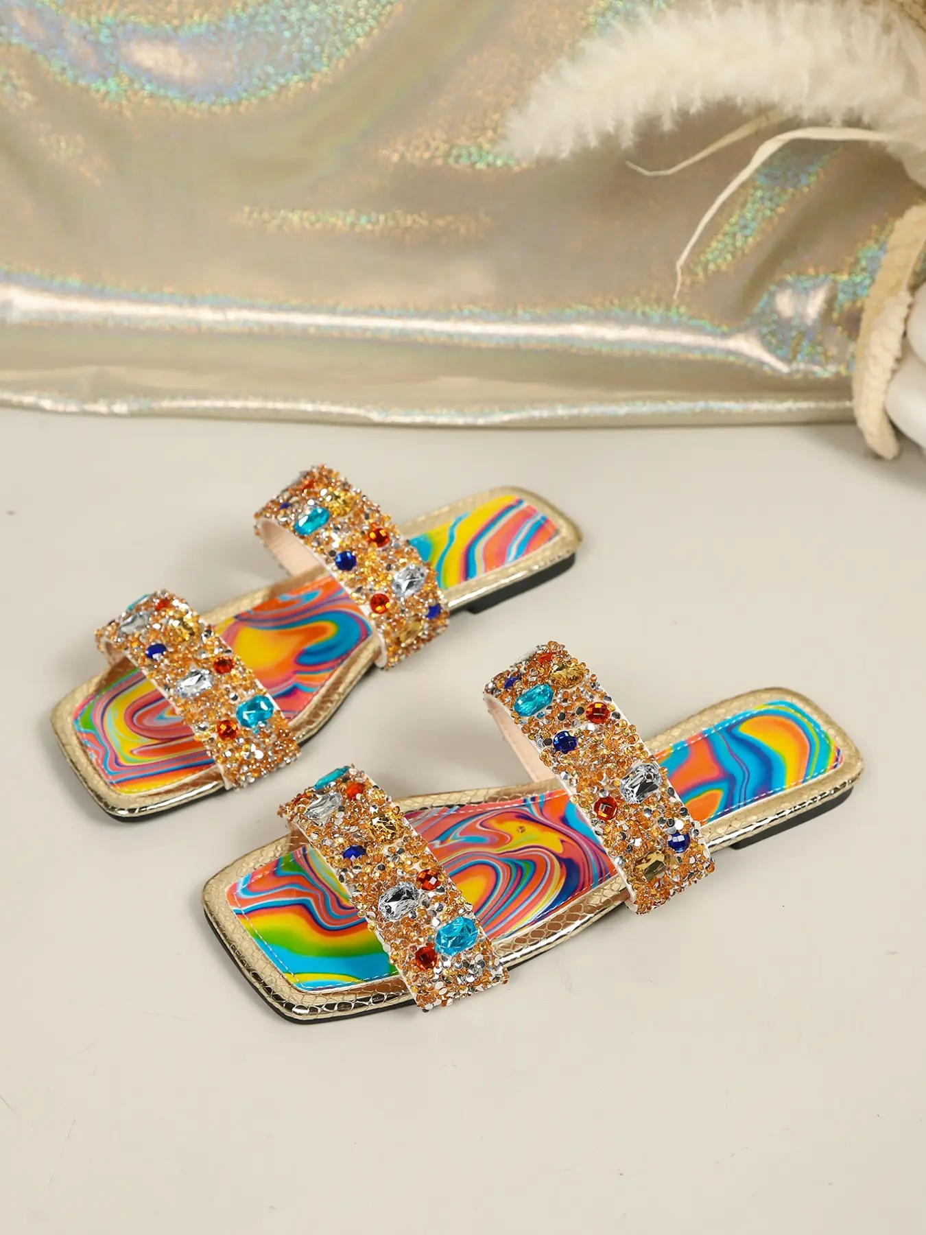 Neon Rhinestone Sandals, Summer Vacation Style, Multicolor Design, Eye-Catching Outdoor Wear, Travel-Friendly, Women's Footwear