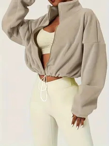 Women's Warm Fleece Crop Jacket, Zipper & Drawstring Design, Thicker Fabric, Fitted Style, Ideal for Fall Winter Outdoor Activities