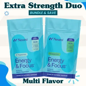 Extra Strength Duo - Energy & Focus Caffeine Gum (100mg) - Multi Flavor (2-Bulk Pouches)
