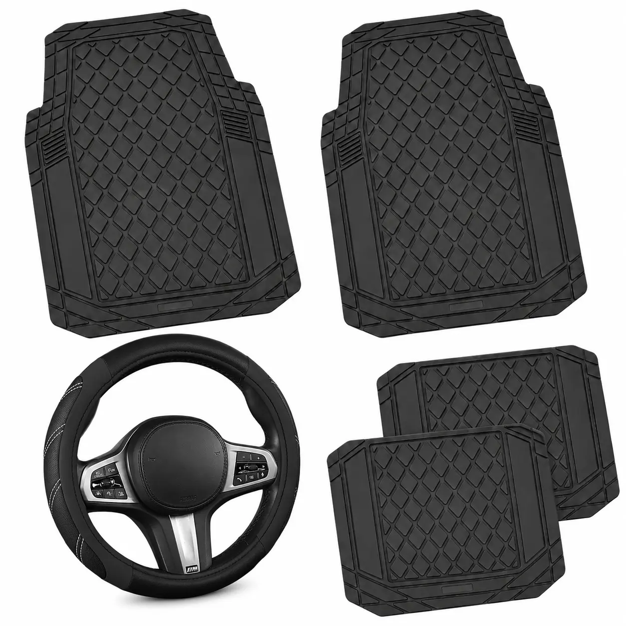Universal Car Floor Mats, 4PCS All Weather PVC Floor Mats for Cars SUVs Trucks Vans, Heavy Duty Anti-Slip 3D Rhombus Trim-to-Fit Automotive Floor Liners, Waterproof Easy to Clean, Black