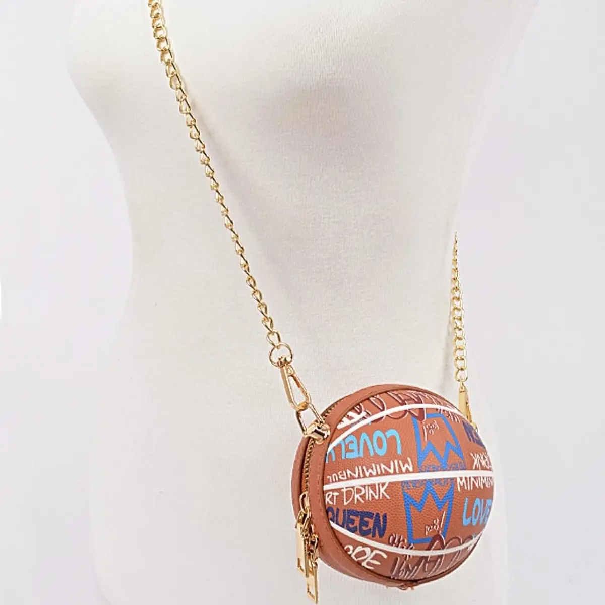 Graffiti Mini Basketball Cross-Body purse-Elegant Zipper Closure-long gold chain-* 4W*4H*4D