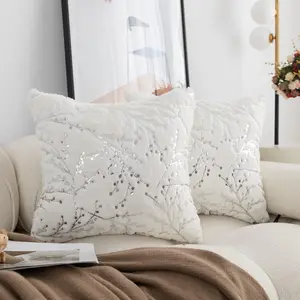 Set of 2 Fluffy White Faux  Pillow Covers  Branches Glitter Throw Pillows Decorative Soft Furry Sparkling Square Cushion Cases for Sofa Bedroom Party Decor 18x18inch