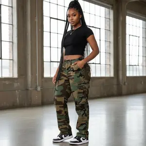 Women's Camo Cargo Pants Wide Leg Camouflage Army Fatigue Sweatpants with Flap Pockets - Streetwear Fashion Bottoms Comfortable Trousers for Casual Wear Daily Outfit Women's Clothing Elastic Waist Loose Fit Trendy StyleCuYF