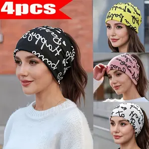 Women's 4pcs/Set Printed Letters Bonnet Style Hats, Autumn Winter Warm Elastic Fabric Brimless Beanie, Lightweight Stretch Fit Multi-Functional Chemotherapy Cap & Neck Cover,summervibes