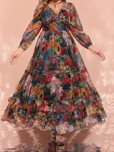 Women's Spring Summer Plus Size Fashion Elegant Chiffon Floral Print Dress, Long Sleeve Shirred Loose-Fitting Midi Dress