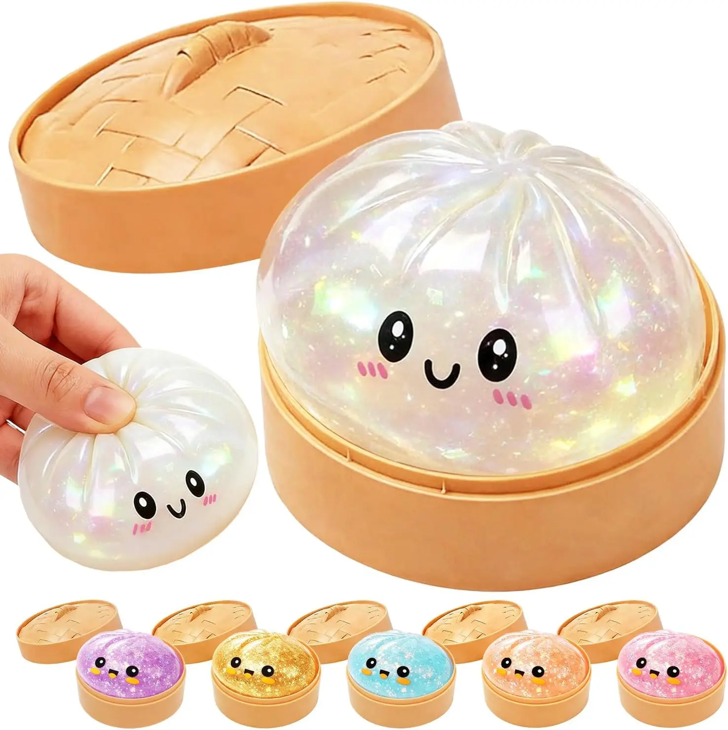Cute Glitter Bun Squishy Toy with Bamboo Steamer, Kawaii Clear Sparkle Bao Squeeze Fidget Toy, Stress Relief Soft Squishy for Kids Adults