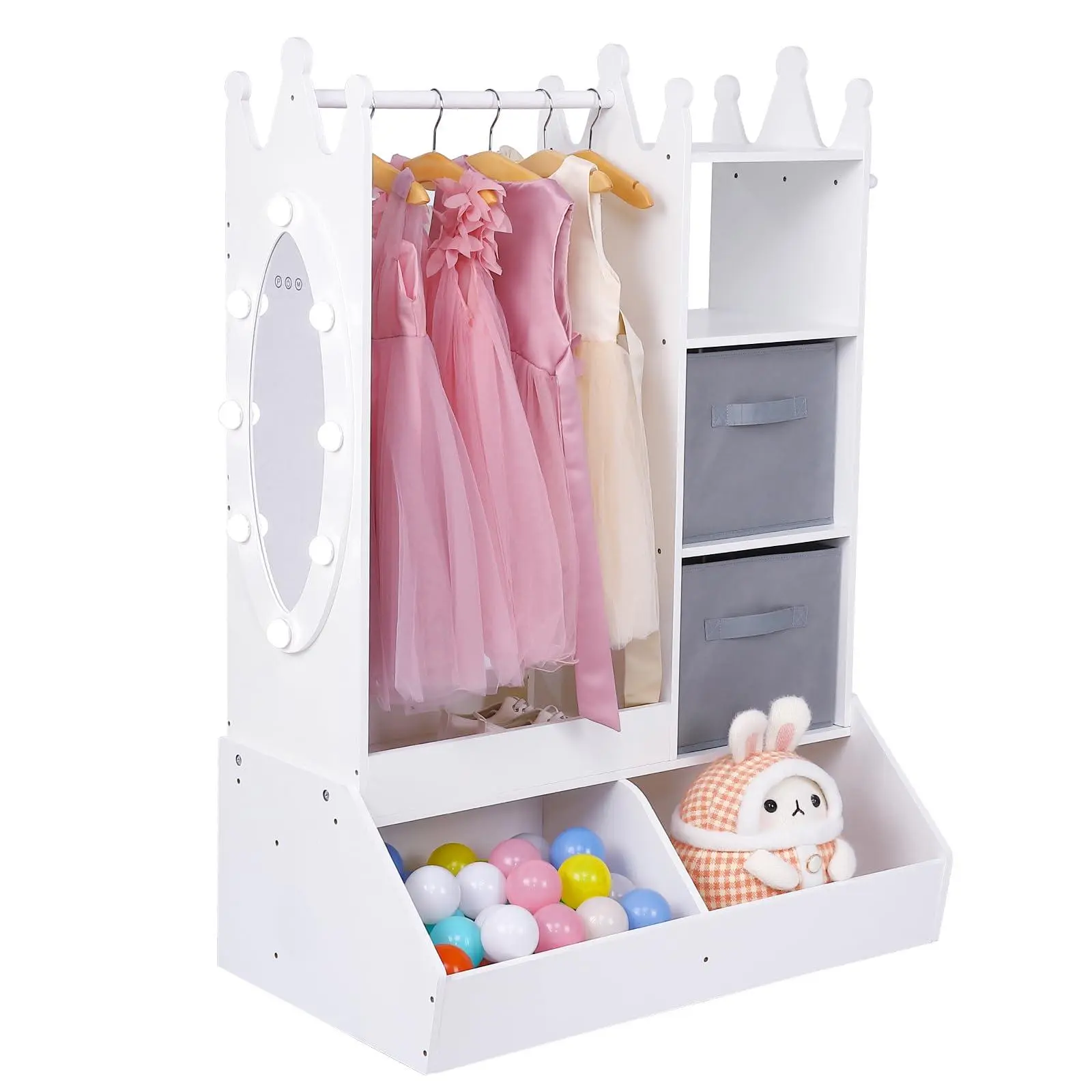 Girls Wardrobe with Lighted Mirror & Clothing Rack, Kids Toy Storage Organizer Armoire with Open Shelves, Storage Bins & Hooks, White Princess Dress Up Center for Bedroom Playroom Preschool, White