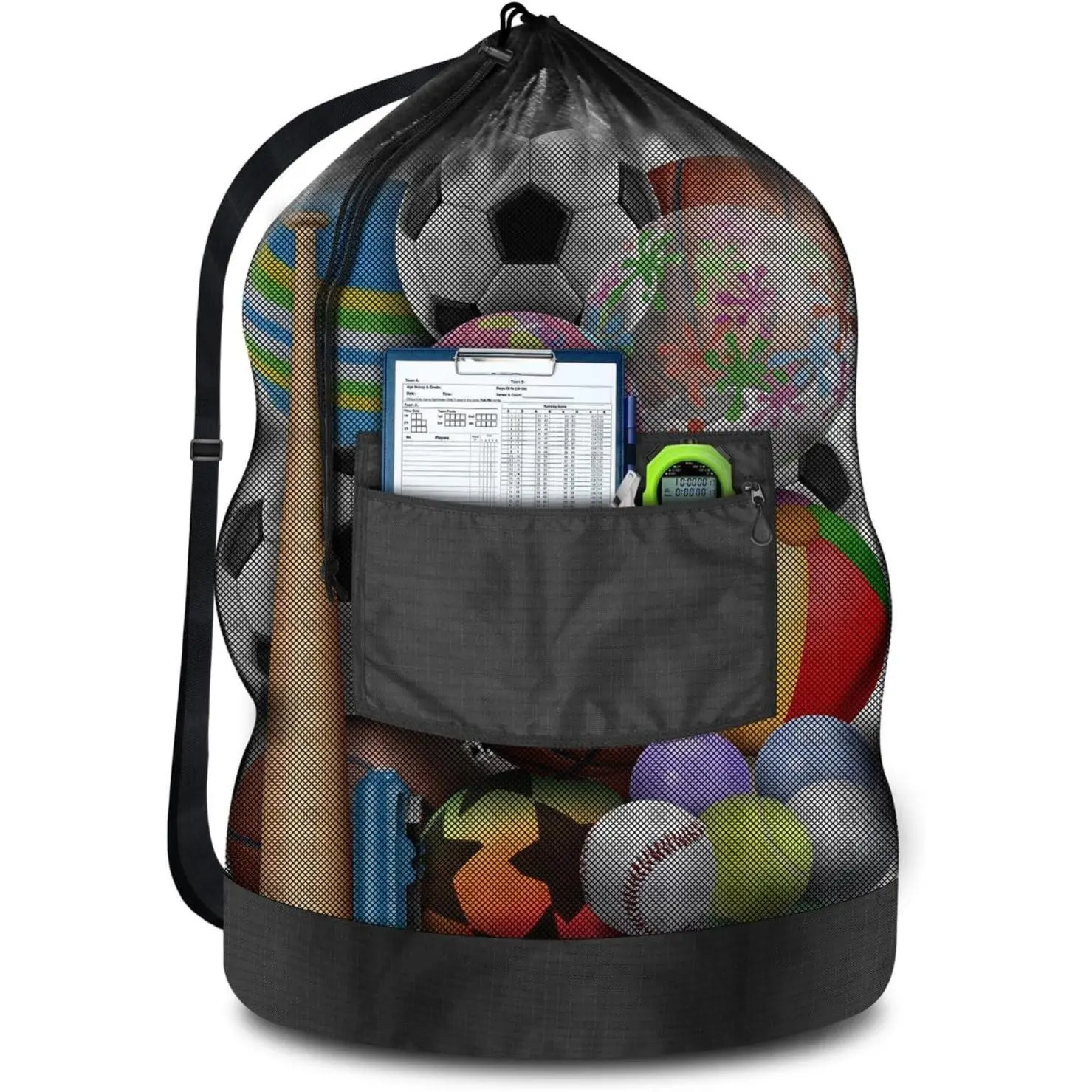 Heavy Duty Nylon Universal Soccer Ball Net Bag, 40" x 30", 100L Extra Large Capacity (Holds 10-12 Balls), Drawstring Mesh Bag with Zipper Pocket, Sports Equipment Organizer for Gym, Beach, Capacity: 100L, Extra Large Ball Bag