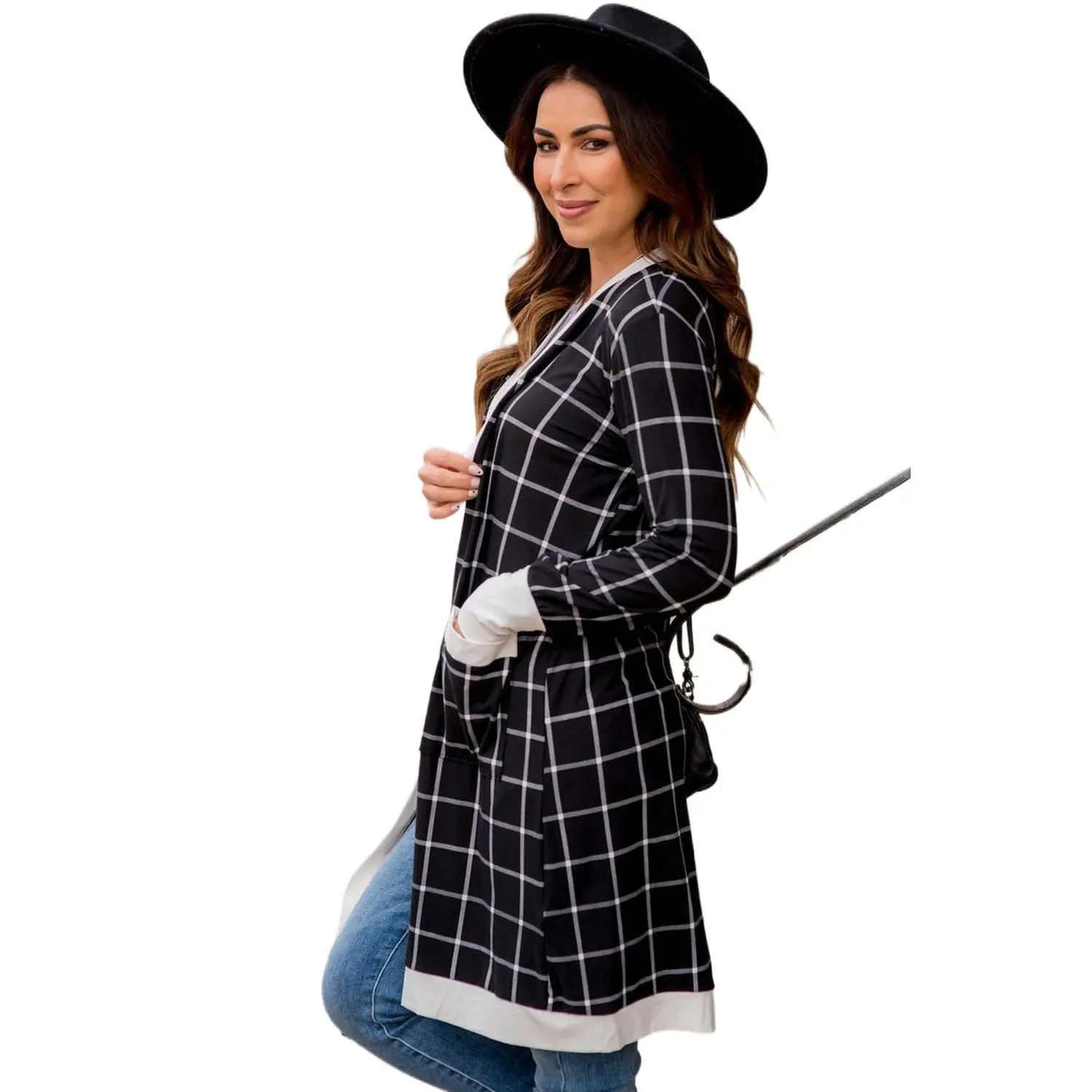 Women's Black Checkered Colorblock-Edge Knit Cardigan Sweater, Casual Open Top with Pockets, Sweaters, Knitwear, Tops, Long Sleeve, Plaid, Cozy Knit, Checkered Plaid, Open Front, Longsleeves, Knitted