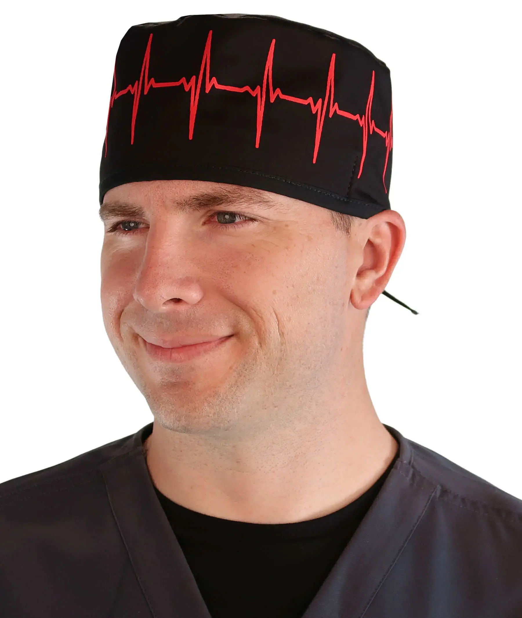 Classic Surgical Scrub Cap - Red EKG (Heartbeat) on Black