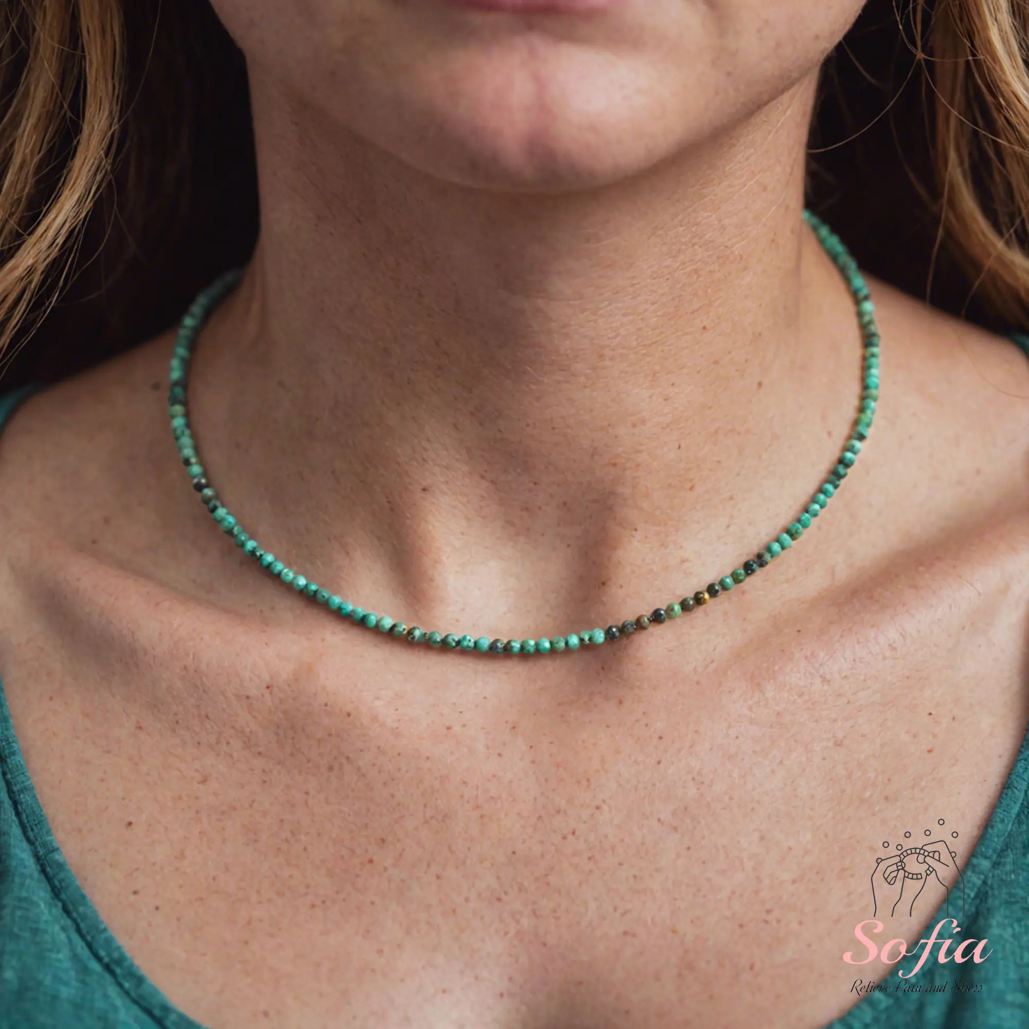 Women's Handmade African Turquoise Beads Choker Necklace - Tiny Faceted Gemstone, Waterproof Crystal, Minimalist Style, Adjustable, 16 Inches, About 2~3 mm, Female Daily Jewelry, Gift for Her