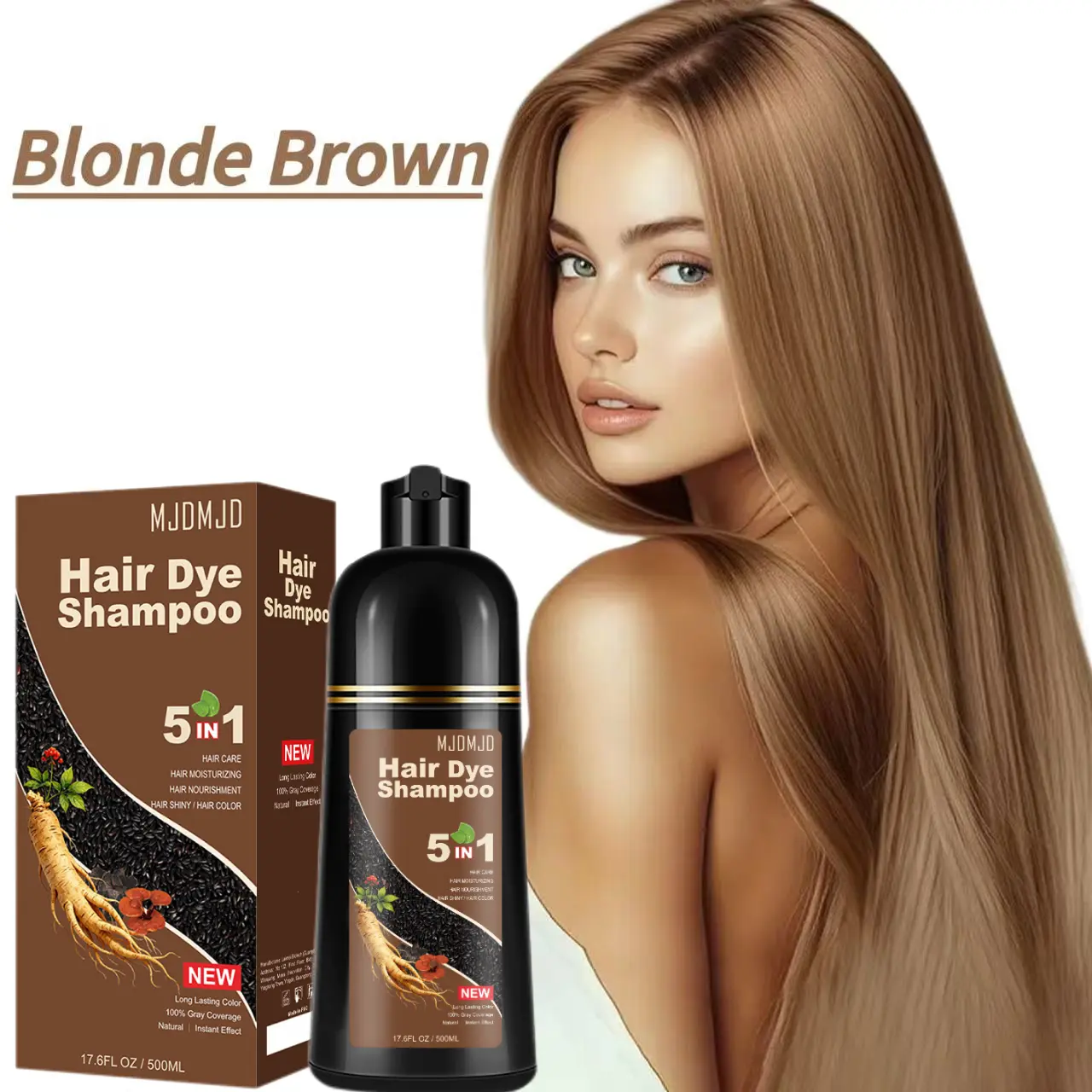 5 in 1 Blonde Brown Hair Dye Shampoo, Plant-Based Formula with Natural Nourishing Ingredients, Ammonia-Free Gentle Cleansing & Scalp Care, Long-Lasting Hair Color for 3-4 Weeks, for Men & Women, 500ml