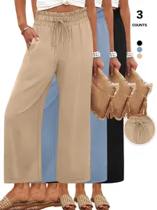 2026 Spring Summer Women's Casual Fashion Fit Wide-Leg Cropped Lounge Pants - Multi-Color Options, Ruffled High Waist with Adjustable Drawstring, Textured, Soft & Drapey Fabric, Side Pockets, Versatile for Office & Vacation