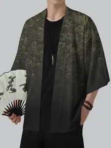 Japanese Ukiyo-E Gradient Wave Pattern Traditional Kimono Cardigan, Loose Short Sleeve Shirt, Lightweight, Summer Clothes, Men's Streetwear, Camping Essential