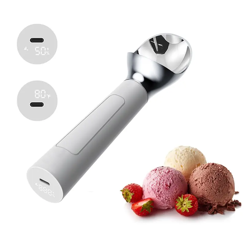 Handheld Rechargeable Electric Heated Ice Cream Scoop - 158°F Heating, LED Display, IP67 Waterproof, Food Grade Safe Silicone, Reusable, Easy To Clean, Portable Kitchen Appliance for Hard Ice Cream, Desserts, Food Grade Materials