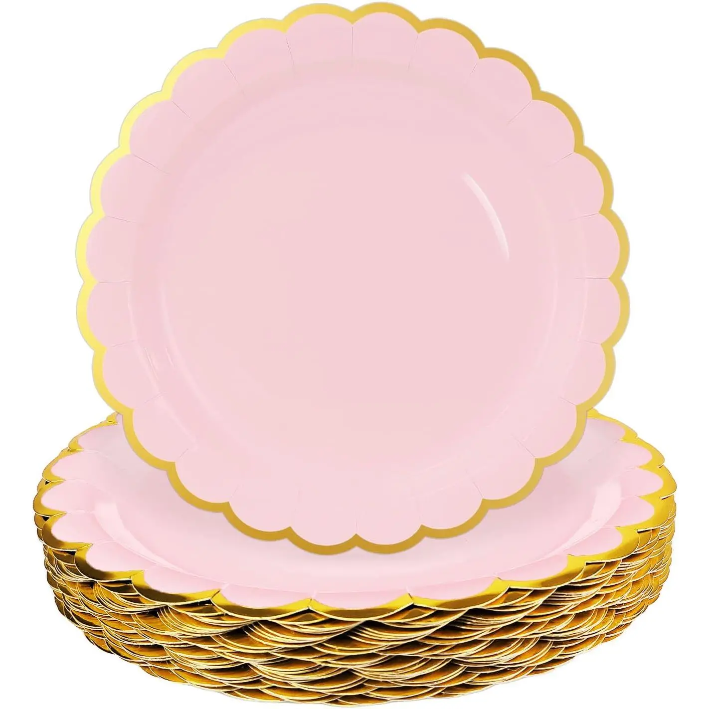 50 Pieces Light Pink Paper Plates with Gold Foil 7 Inch Disposable Pink Scalloped Dinner Plates for Wedding Baby Shower Birthday Party Dessert Plate