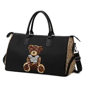 Cute Bear Embroidered Handbag, Large Capacity Travel Bag, Detachable Luggage Cover, Separate Dry/wet Compartment, Lightweight Student Backpack, Multifunctional Fitness Bag, Crossbody Business Travel Bag