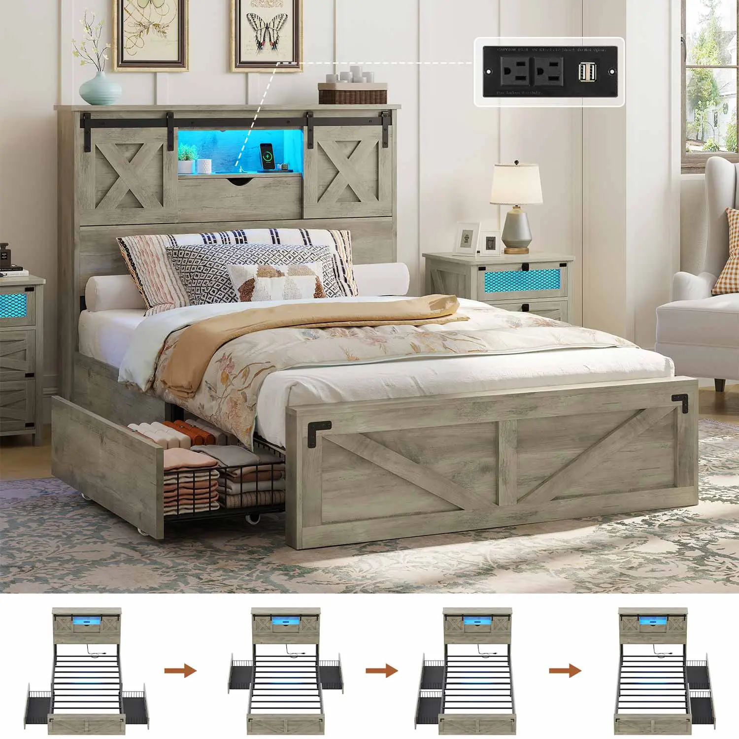 SIKAIC Twin Farmhouse Bed Frame with Headboard, 2 Storage Drawers & LED Lights, Rustic Oak Platform Bed for Bedroom