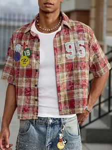 Men's Vintage Plaid Digital Print Short Sleeve Shirt, "95" Patchwork Graphic Button-Down Top, Retro Streetwear Casual Blouse #VintagePlaidShirt #DigitalPrintShirt #RetroPatchworkStyle #StreetwearButtonDown #TikTokMadeMeBuyIt